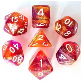 Lot de 7 Dés Resine en boîte - Violet et Orange Paillettes