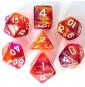 Lot de 7 Dés Resine en boîte - Violet et Orange Paillettes